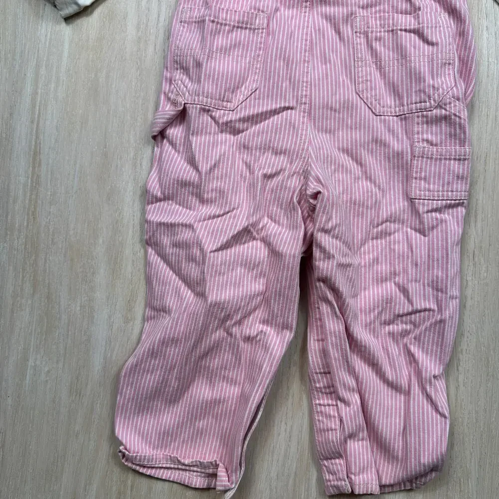 OshKosh Pink Hickory Stripe Overalls Floral Cottagecore Country Outfit Set 24M